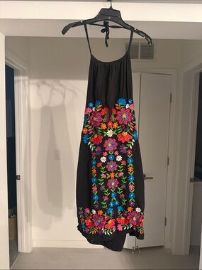 Black Maxi Dress with Bright Floral Embroidery